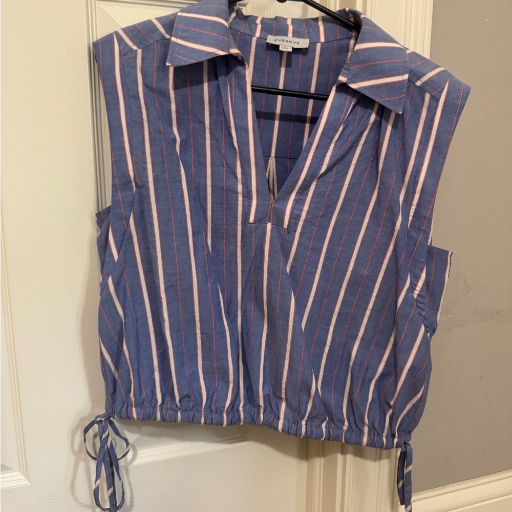 Evereve Blue Sleeveless V-Neck Striped Drawstring Hem Top
